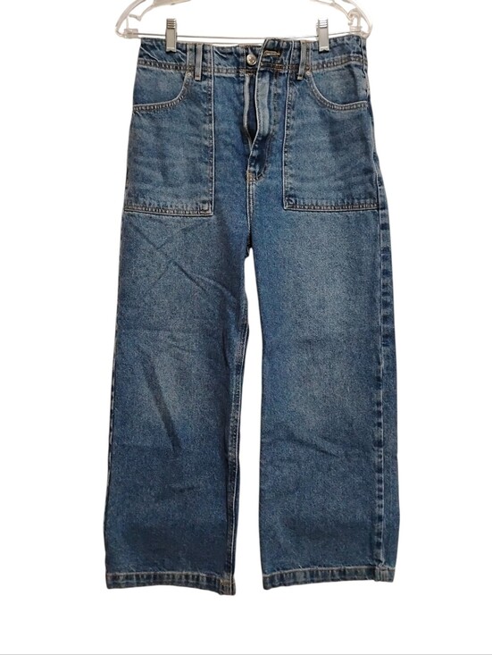 Forever 21 Denim - FOREVER 21 Women's Wide-Leg Blue Denim Jeans Front Applied Featured Pockets 26